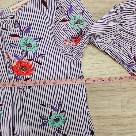 GRAND & GREENE Womens Purple Floral Stripe Ruffle Bell Sleeve Blouse Size L - Picture 4 of 8